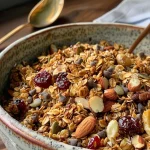 ['Close-up view of homemade maple cinnamon granola with nuts and dried fruits.', 'Delicious granola made with oats, walnuts, and dried cherries in a side photo.', 'Side perspective of crunchy granola clusters featuring dark chocolate chips and pumpkin seeds.', 'Gourmet granola mix showcasing a blend of oats, cinnamon, and cranberries.']