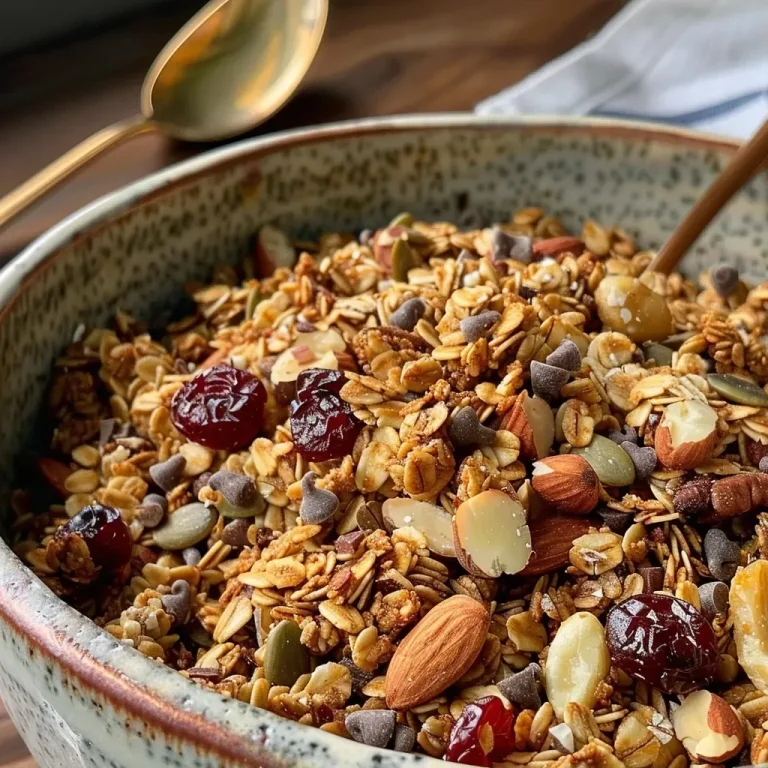 ['Close-up view of homemade maple cinnamon granola with nuts and dried fruits.', 'Delicious granola made with oats, walnuts, and dried cherries in a side photo.', 'Side perspective of crunchy granola clusters featuring dark chocolate chips and pumpkin seeds.', 'Gourmet granola mix showcasing a blend of oats, cinnamon, and cranberries.']