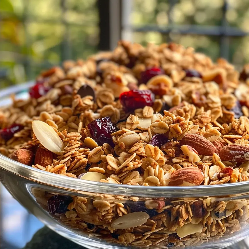 ['Close-up view of homemade maple cinnamon granola with nuts and dried fruits.', 'Delicious granola made with oats, walnuts, and dried cherries in a side photo.', 'Side perspective of crunchy granola clusters featuring dark chocolate chips and pumpkin seeds.', 'Gourmet granola mix showcasing a blend of oats, cinnamon, and cranberries.']
