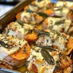 ['Close-up of a juicy chicken casserole featuring sweet potatoes and melted cheese.', 'A vibrant fall chicken casserole with golden-brown chicken, sweet potatoes, and herbs.', 'Side view of a creamy chicken casserole topped with cheese and garnished with sage.', 'Delicious Herbstliche Hähnchenauflauf showcasing tender chicken and colorful vegetables.']