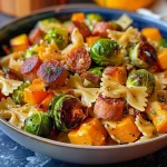['Close-up of a hearty autumn dinner featuring sausage, pasta, Brussels sprouts, and butternut squash.', 'A side view of a delicious plate with pieces of sausage, colorful Brussels sprouts, and roasted butternut squash.', 'Juicy pasta dish showcasing cut Brussels sprouts, smoked sausage, and cubed butternut squash on a dinner plate.', 'A vibrant autumn meal with pasta, Brussels sprouts, and sausage cooked with butternut squash, arranged beautifully.']