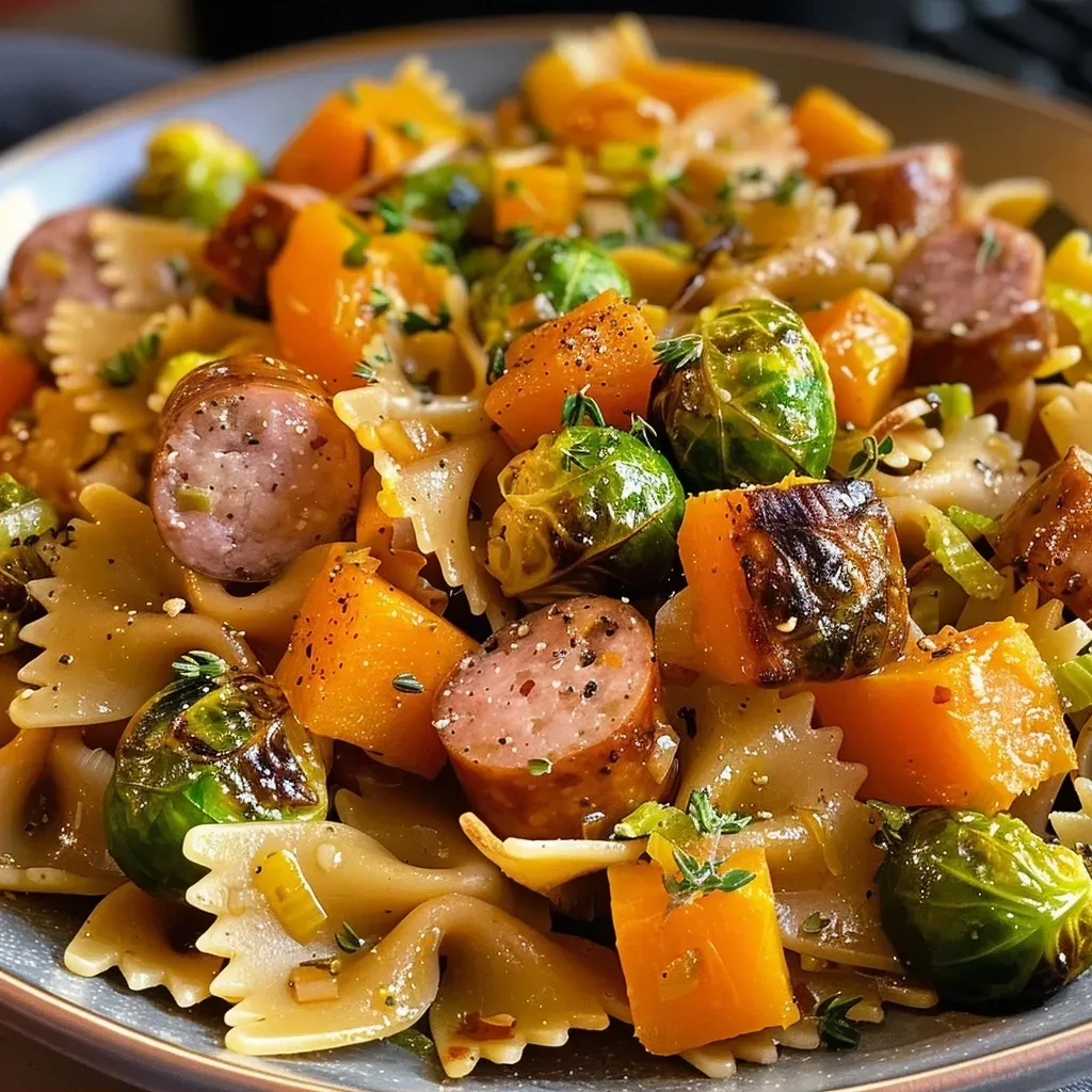 ['Close-up of a hearty autumn dinner featuring sausage, pasta, Brussels sprouts, and butternut squash.', 'A side view of a delicious plate with pieces of sausage, colorful Brussels sprouts, and roasted butternut squash.', 'Juicy pasta dish showcasing cut Brussels sprouts, smoked sausage, and cubed butternut squash on a dinner plate.', 'A vibrant autumn meal with pasta, Brussels sprouts, and sausage cooked with butternut squash, arranged beautifully.']