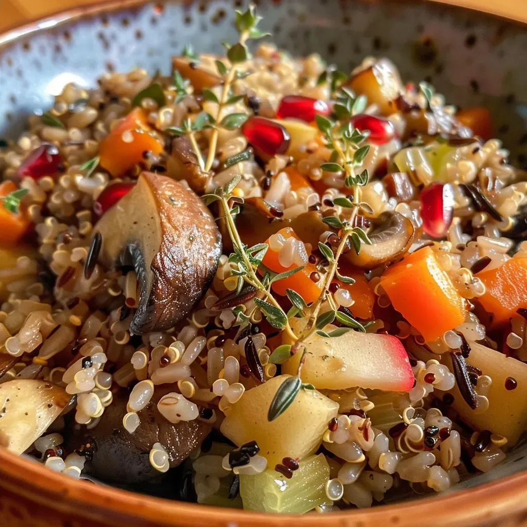 A vibrant close-up of a holiday harvest rice dish featuring colorful grains and vegetables.
