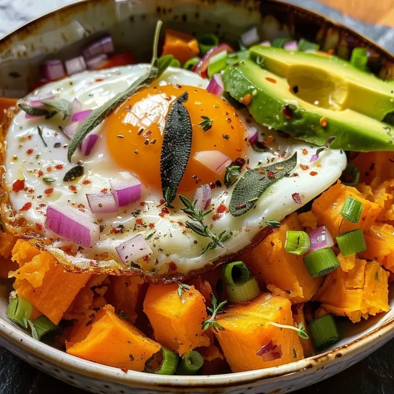 ['Close-up of a colorful breakfast skillet featuring sweet potatoes and eggs.', 'Side view of a fall-inspired breakfast skillet with fresh ingredients and herbs.', 'Juicy breakfast dish with cubed sweet potatoes, eggs, and avocado.', 'Vibrant cast-iron skillet filled with breakfast ingredients and fresh herbs.']