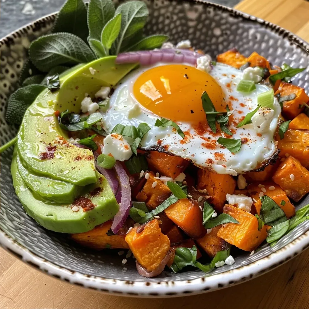 Close-up of a colorful breakfast skillet featuring sweet potatoes and eggs.