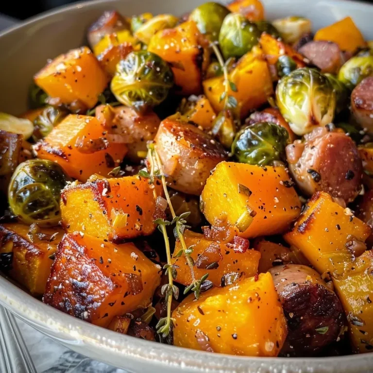 ['A close-up side view of a plate featuring juicy sausages alongside roasted butternut squash and Brussels sprouts.', 'A vibrant autumn dinner displaying cooked sausages with golden butternut squash cubes and crispy Brussels sprouts.', 'A detailed side view of succulent sausages surrounded by colorful roasted vegetables on a rustic plate.', 'A mouthwatering arrangement of sausages and seasonal veggies, showcasing the textures and colors of autumn.']