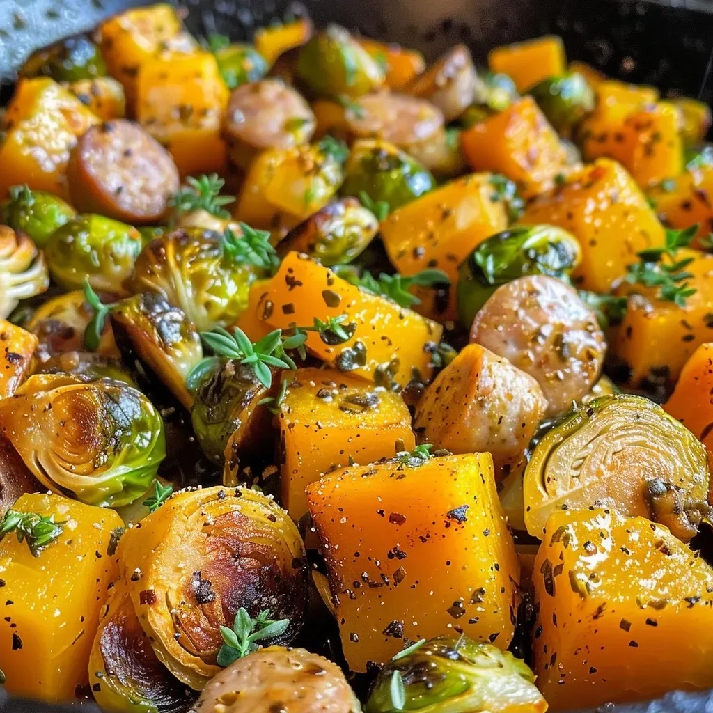 ['A close-up side view of a plate featuring juicy sausages alongside roasted butternut squash and Brussels sprouts.', 'A vibrant autumn dinner displaying cooked sausages with golden butternut squash cubes and crispy Brussels sprouts.', 'A detailed side view of succulent sausages surrounded by colorful roasted vegetables on a rustic plate.', 'A mouthwatering arrangement of sausages and seasonal veggies, showcasing the textures and colors of autumn.']