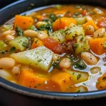 ['A close-up view of a bowl of vegan autumn minestrone soup with colorful vegetables.', 'A vibrant bowl of hearty autumn minestrone soup featuring fresh herbs and vegetables.', 'A side view of a steaming bowl of vegan minestrone soup with visible chunks of vegetables.', 'A detailed close-up of vegan autumn minestrone soup showcasing ingredients like kale and butternut squash.']