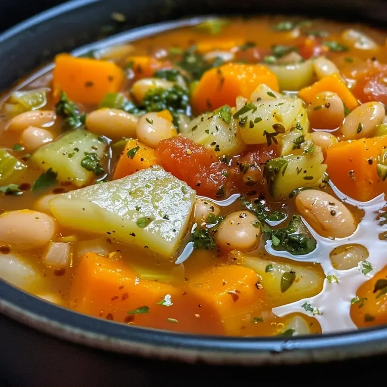['A close-up view of a bowl of vegan autumn minestrone soup with colorful vegetables.', 'A vibrant bowl of hearty autumn minestrone soup featuring fresh herbs and vegetables.', 'A side view of a steaming bowl of vegan minestrone soup with visible chunks of vegetables.', 'A detailed close-up of vegan autumn minestrone soup showcasing ingredients like kale and butternut squash.']
