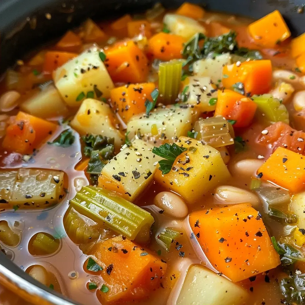 ['A close-up view of a bowl of vegan autumn minestrone soup with colorful vegetables.', 'A vibrant bowl of hearty autumn minestrone soup featuring fresh herbs and vegetables.', 'A side view of a steaming bowl of vegan minestrone soup with visible chunks of vegetables.', 'A detailed close-up of vegan autumn minestrone soup showcasing ingredients like kale and butternut squash.']