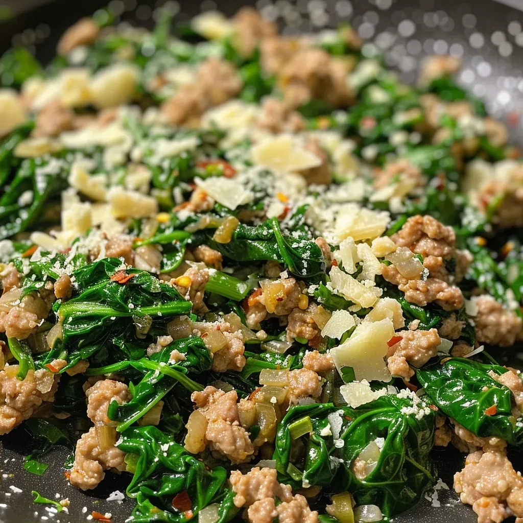 Close-up view of a savory ground turkey and spinach dish in a skillet.