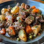['Close-up of hearty vegetable beef stew with chunks of beef, potatoes, and carrots.', 'Side view of a bowl filled with colorful vegetable beef stew showing beef, green beans, and carrots.', 'Juicy and inviting beef stew featuring vibrant vegetables and tender meat in a rustic bowl.', 'Detailed image of a delicious beef stew made with potatoes, carrots, and green beans.']