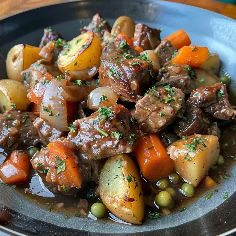 ['Close-up of hearty vegetable beef stew with chunks of beef, potatoes, and carrots.', 'Side view of a bowl filled with colorful vegetable beef stew showing beef, green beans, and carrots.', 'Juicy and inviting beef stew featuring vibrant vegetables and tender meat in a rustic bowl.', 'Detailed image of a delicious beef stew made with potatoes, carrots, and green beans.']