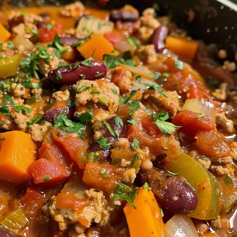 ['Close-up view of hearty turkey pumpkin chili in a bowl, showcasing chunks of turkey, beans, and vibrant vegetables.', 'Side angle of a steaming bowl of turkey pumpkin chili, highlighting the rich colors and textures of the ingredients.', 'Detailed close-up of a homemade turkey pumpkin chili, featuring ground turkey, black beans, and a creamy pumpkin base.', 'Appetizing shot of turkey pumpkin chili with black beans, garnished and ready to serve, emphasizing its hearty nature.']