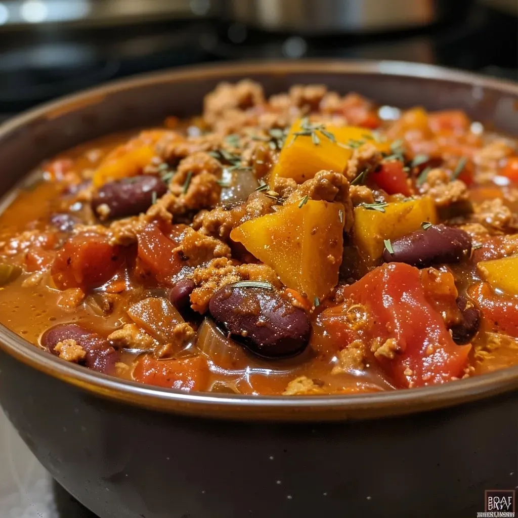 Close-up view of hearty turkey pumpkin chili in a bowl, showcasing chunks of turkey, beans, and vibrant vegetables.