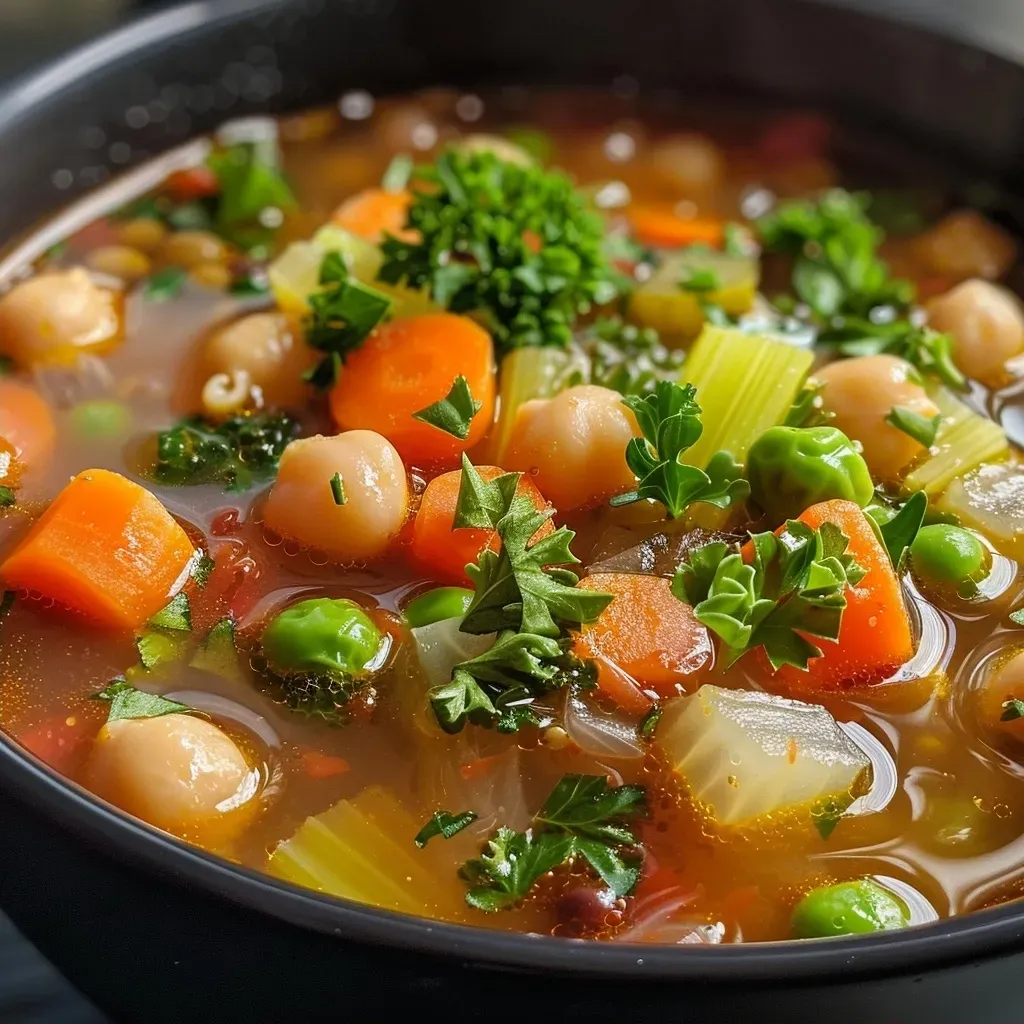 A close-up view of a steaming bowl of colorful high-protein vegetable soup with vibrant greens and legumes.