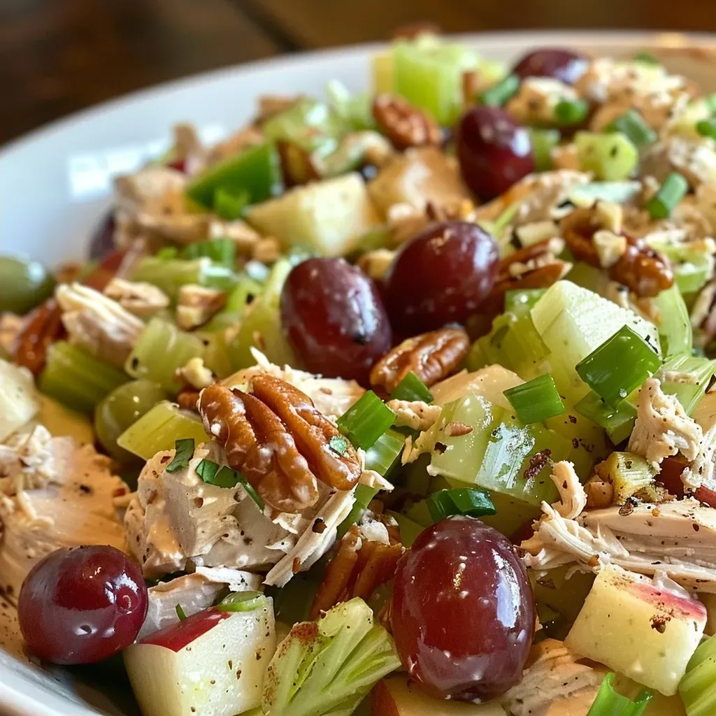 ['Close-up view of a high-protein chicken salad with colorful ingredients.', 'Juicy chicken salad featuring grapes, celery, and apples viewed from the side.', 'Side view of a hearty chicken salad with vibrant red grapes and green apples.', 'Detailed shot of a protein-rich chicken salad showcasing its fresh ingredients.']