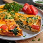 ['A close-up view of a high-protein cottage cheese veggie bake topped with fresh parsley.', 'Side view of a golden-brown cottage cheese and vegetable casserole, garnished with herbs.', 'Juicy, savory veggie bake made with cottage cheese and colorful vegetables displayed on a plate.', 'A delicious slice of veggie bake featuring cottage cheese, spinach, and diced bell peppers.']