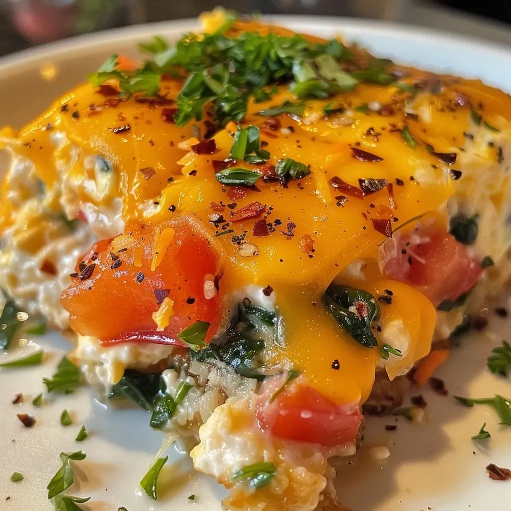 ['A close-up view of a high-protein cottage cheese veggie bake topped with fresh parsley.', 'Side view of a golden-brown cottage cheese and vegetable casserole, garnished with herbs.', 'Juicy, savory veggie bake made with cottage cheese and colorful vegetables displayed on a plate.', 'A delicious slice of veggie bake featuring cottage cheese, spinach, and diced bell peppers.']