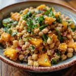 ['Close-up of a colorful Honeynut Harvest Couscous Salad, showcasing cubed honeynut squash, chickpeas, and green parsley.', 'Side view of a bowl filled with Honeynut Harvest Couscous Salad, featuring vibrant ingredients like squash, shallots, and pepitas.', 'Detailed view of a delicious Honeynut Harvest Couscous Salad with a mix of herbs, spices, and creamy textures.', 'Close-up shot of freshly prepared Honeynut Harvest Couscous Salad, highlighting the bright colors of its ingredients.']