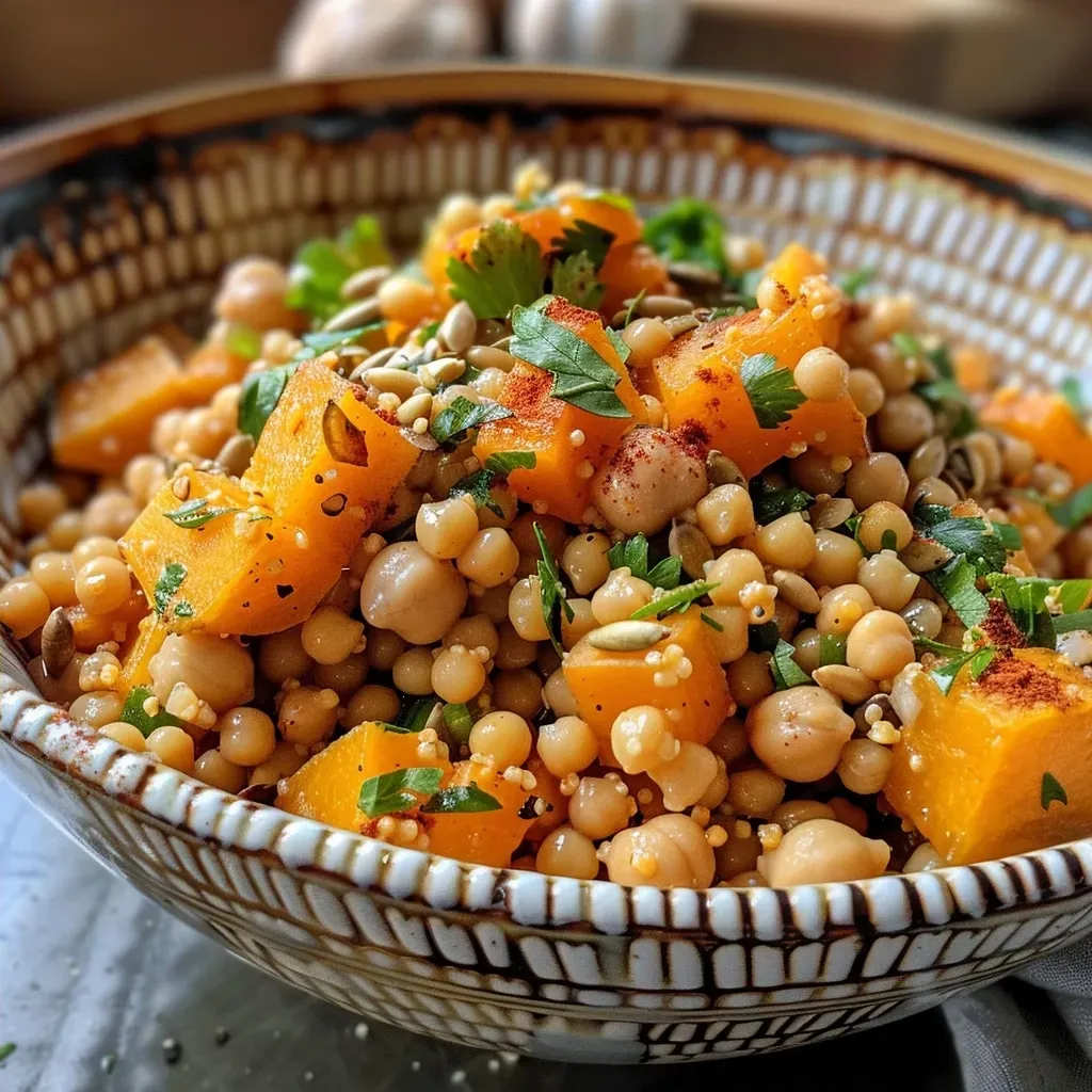 ['Close-up of a colorful Honeynut Harvest Couscous Salad, showcasing cubed honeynut squash, chickpeas, and green parsley.', 'Side view of a bowl filled with Honeynut Harvest Couscous Salad, featuring vibrant ingredients like squash, shallots, and pepitas.', 'Detailed view of a delicious Honeynut Harvest Couscous Salad with a mix of herbs, spices, and creamy textures.', 'Close-up shot of freshly prepared Honeynut Harvest Couscous Salad, highlighting the bright colors of its ingredients.']
