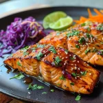 ['Close-up of crispy honey ginger salmon fillets garnished with fresh herbs and vegetables.', 'Side view of honey ginger salmon with glaze and colorful fresh ingredients on a plate.', 'Juicy salmon fillets topped with a honey ginger sauce, displayed with vibrant vegetables.', 'Detail shot of golden-brown salmon, glistening with a sweet glaze and accompanied by garnishes.']
