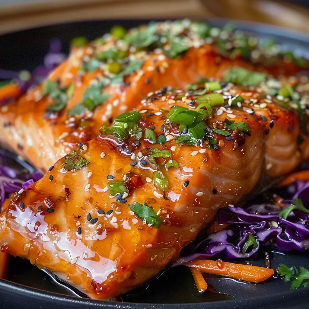 ['Close-up of crispy honey ginger salmon fillets garnished with fresh herbs and vegetables.', 'Side view of honey ginger salmon with glaze and colorful fresh ingredients on a plate.', 'Juicy salmon fillets topped with a honey ginger sauce, displayed with vibrant vegetables.', 'Detail shot of golden-brown salmon, glistening with a sweet glaze and accompanied by garnishes.']