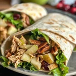['Close-up of a juicy chicken apple salad wrap with green lettuce and a tortilla.', 'Side view of a chicken apple salad wrap showcasing the colorful ingredients inside.', 'Freshly made chicken apple salad wrap with visible chunks of apple and pecans.', 'Delicious chicken apple salad wrap displayed on a wooden board, ready to eat.']