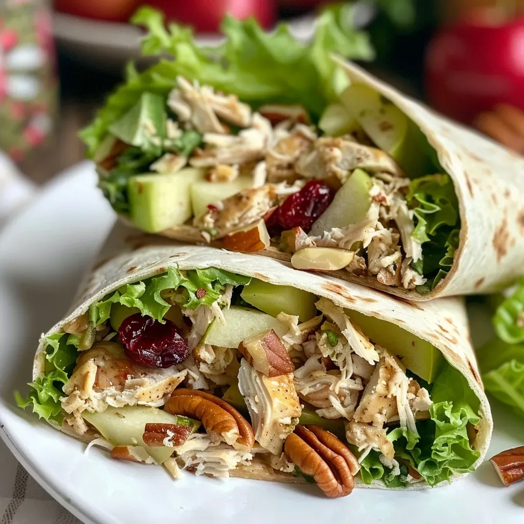 ['Close-up of Chicken Apple Salad Wraps with visible diced apples and pecans.', 'Side view of a tortilla wrap filled with shredded chicken and colorful salad ingredients.', 'Juicy wraps showcasing shredded chicken, apples, and cranberries, presented on a wooden surface.', 'Detail shot of fresh Chicken Apple Salad Wraps, highlighting lettuce and vibrant ingredients.']