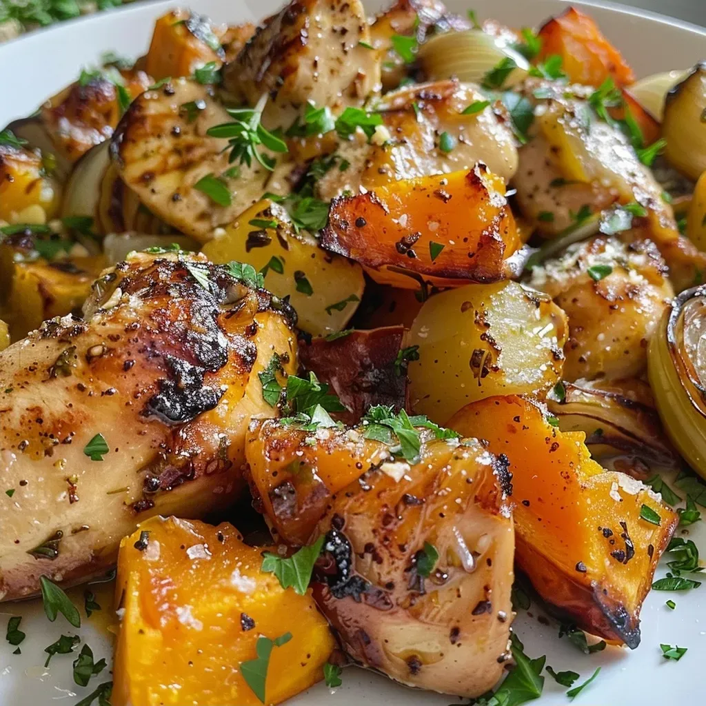['Close-up view of a Chicken, Leek, and Butternut Squash Bake with golden crust.', 'Juicy chicken and vegetables layered in a creamy bake, served in a dish.', 'A side view showing the vibrant colors of butternut squash and leeks in a casserole.', 'Heartwarming Chicken Bake with fresh parsley topping and melted parmesan.']