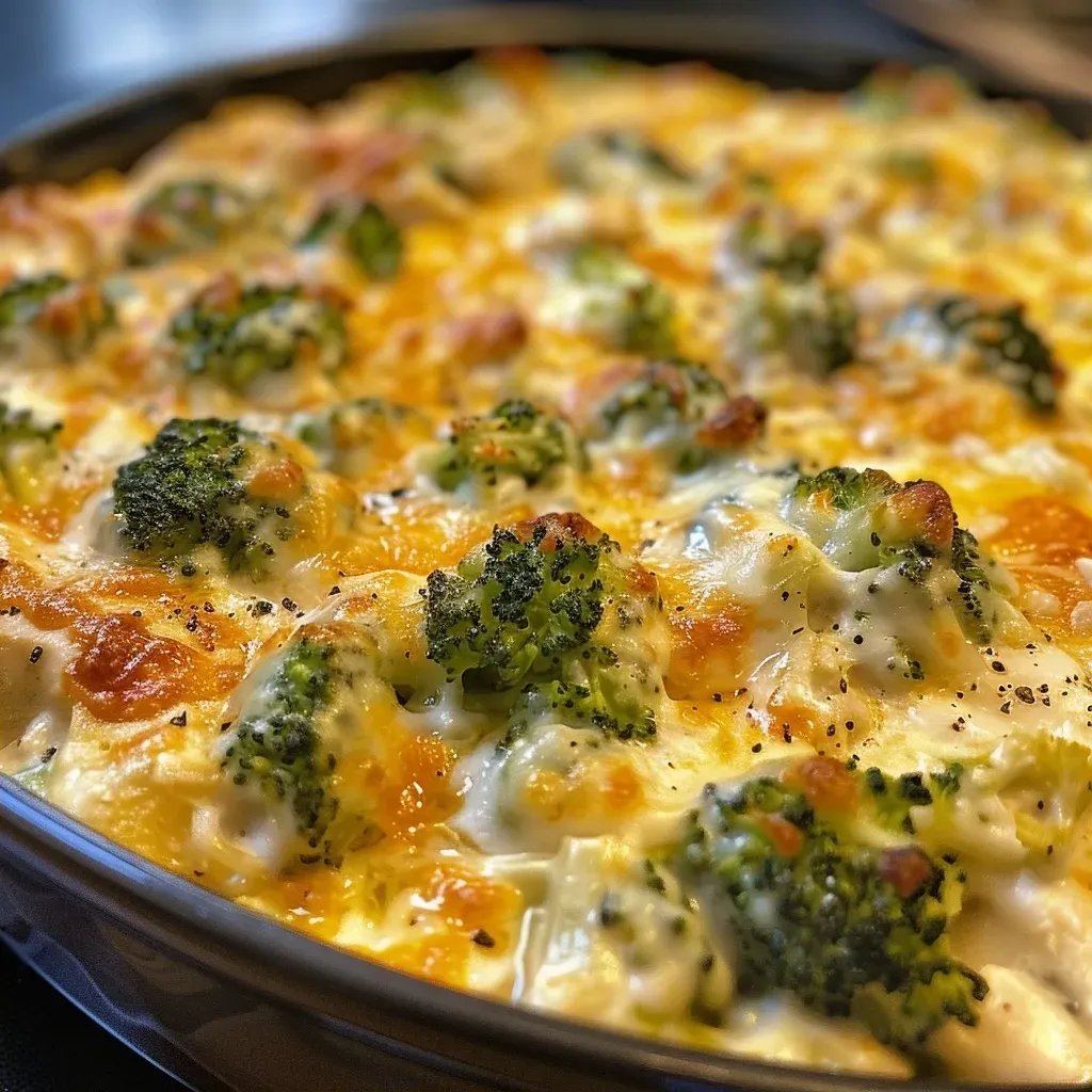 A side view of a Chicken Broccoli Bake, showcasing layers of chicken and broccoli.