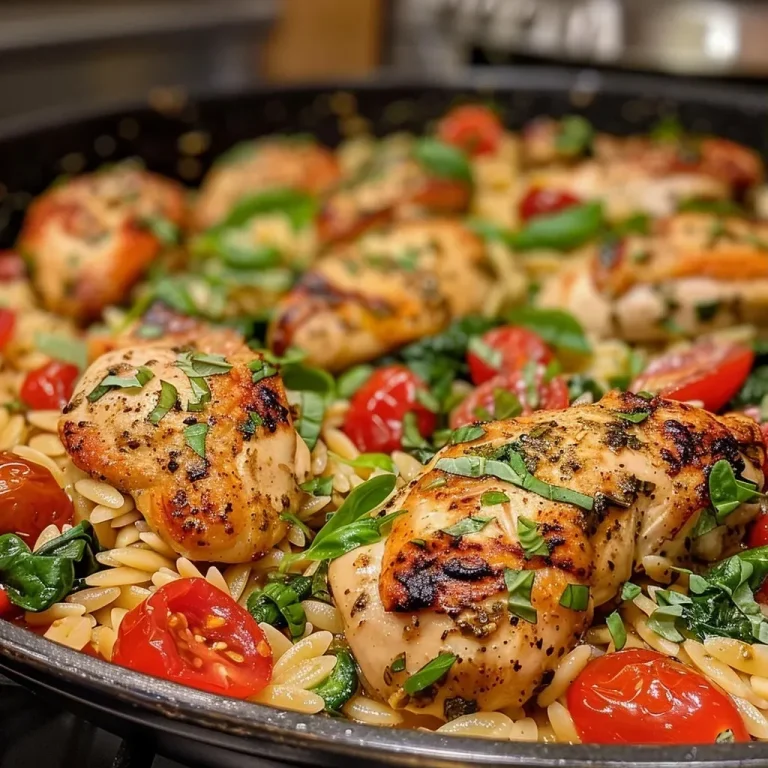 ['Close-up view of a delicious chicken orzo dish with cherry tomatoes and spinach.', 'Juicy chicken orzo garnished with fresh spinach and sliced cherry tomatoes.', 'One-pan chicken orzo with vibrant colors, showcasing chicken, tomatoes, and creamy sauce.', 'Side view of a flavorful chicken orzo, highlighting the textures of the ingredients.']