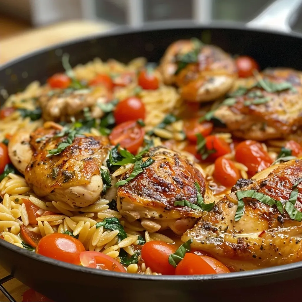 ['Close-up view of a delicious chicken orzo dish with cherry tomatoes and spinach.', 'Juicy chicken orzo garnished with fresh spinach and sliced cherry tomatoes.', 'One-pan chicken orzo with vibrant colors, showcasing chicken, tomatoes, and creamy sauce.', 'Side view of a flavorful chicken orzo, highlighting the textures of the ingredients.']