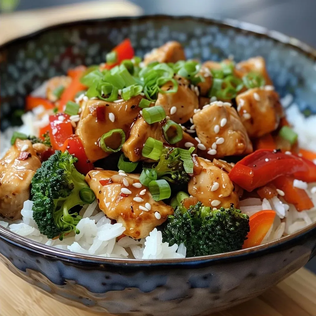 ['Close-up view of a colorful chicken stir fry with vegetables.', 'Juicy pieces of chicken mixed with vibrant bell peppers and broccoli.', 'A side view of a stir-fried chicken dish showcasing fresh ingredients.', 'Detailed view of chicken stir fry garnished with sesame seeds and green onions.']