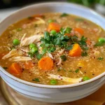 ['Close-up of a bowl of Chicken Quinoa Soup with vibrant vegetables.', 'Side view of a hearty Chicken Quinoa Soup featuring chicken and herbs.', 'A detailed view of Chicken Quinoa Soup showcasing rich broth and fresh parsley.', 'Juicy Chicken Quinoa Soup in a bowl, highlighting colorful ingredients.']
