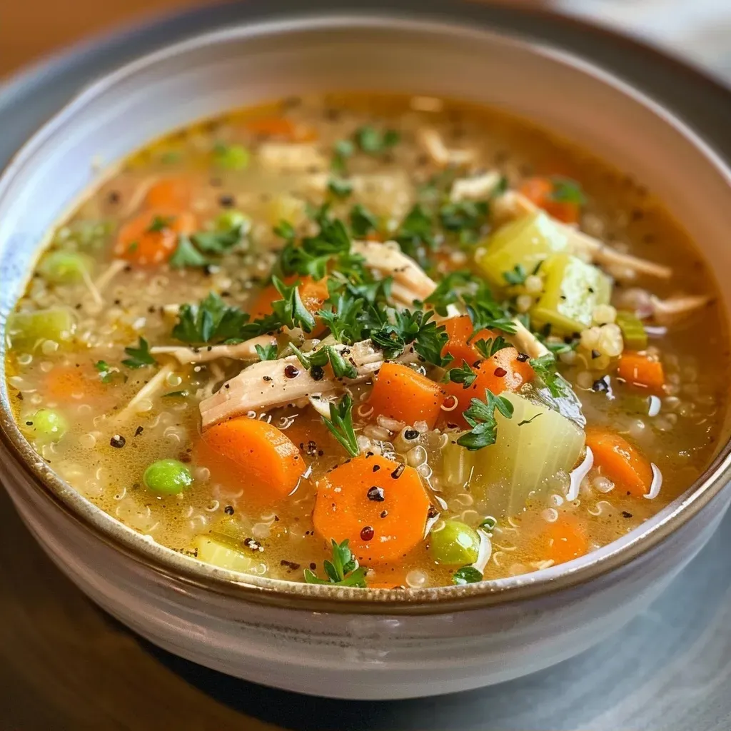 ['Close-up of a bowl of Chicken Quinoa Soup with vibrant vegetables.', 'Side view of a hearty Chicken Quinoa Soup featuring chicken and herbs.', 'A detailed view of Chicken Quinoa Soup showcasing rich broth and fresh parsley.', 'Juicy Chicken Quinoa Soup in a bowl, highlighting colorful ingredients.']