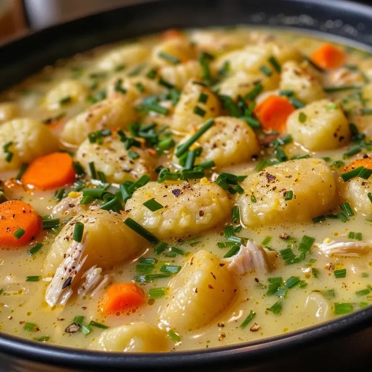 ['Creamy chicken gnocchi soup in a bowl, featuring diced carrots and celery.', 'Close-up view of vibrant chicken gnocchi soup, garnished with fresh herbs.', 'Delicious chicken gnocchi soup with visible chunks of chicken and greens.', 'A hearty bowl of chicken gnocchi soup showcasing a variety of colorful vegetables.']