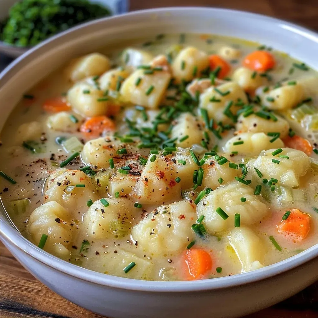 ['Creamy chicken gnocchi soup in a bowl, featuring diced carrots and celery.', 'Close-up view of vibrant chicken gnocchi soup, garnished with fresh herbs.', 'Delicious chicken gnocchi soup with visible chunks of chicken and greens.', 'A hearty bowl of chicken gnocchi soup showcasing a variety of colorful vegetables.']