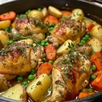 ['A close-up view of a bowl of chicken stew with vibrant vegetables and herbs.', 'A side view of a hearty chicken stew showcasing tender chicken and colorful vegetables.', 'A detailed shot of a slow-cooked chicken stew filled with peas, carrots, and potatoes.', 'A rich and inviting bowl of chicken stew with steam rising, highlighting its fresh ingredients.']