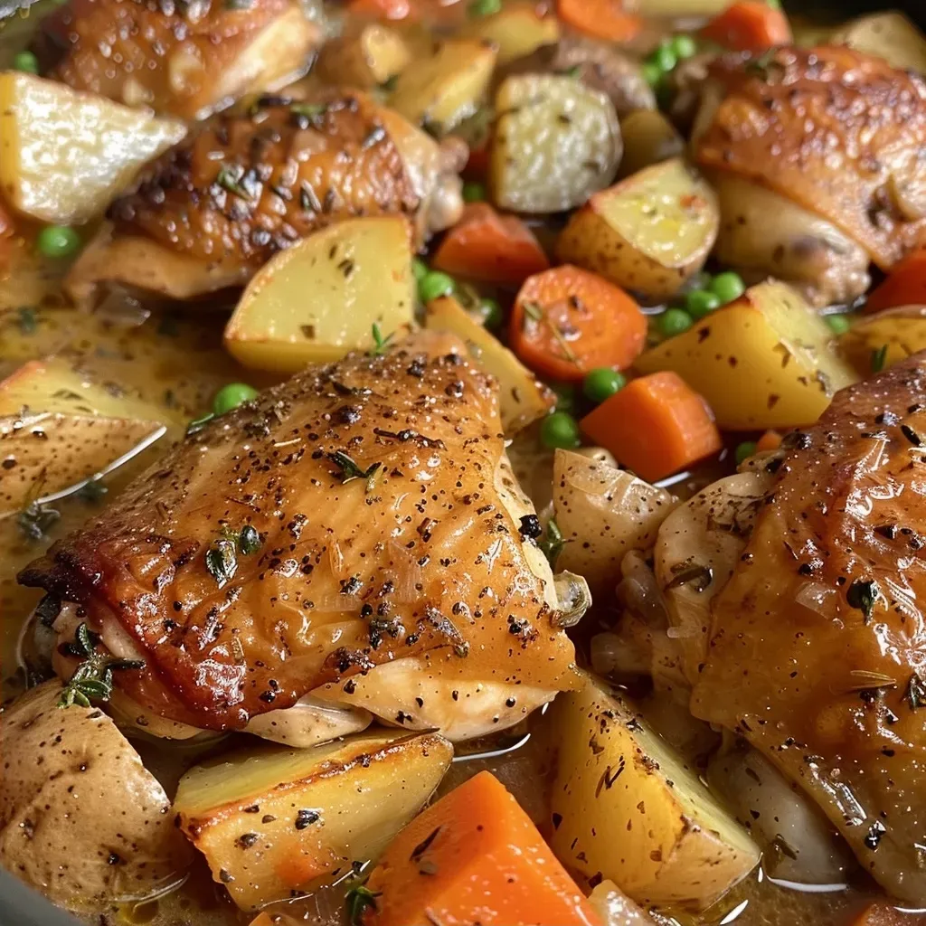 ['A close-up view of a bowl of chicken stew with vibrant vegetables and herbs.', 'A side view of a hearty chicken stew showcasing tender chicken and colorful vegetables.', 'A detailed shot of a slow-cooked chicken stew filled with peas, carrots, and potatoes.', 'A rich and inviting bowl of chicken stew with steam rising, highlighting its fresh ingredients.']