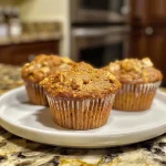 ['Close-up side view of fluffy cottage cheese muffins with chocolate chips.', 'Deliciously moist cottage cheese muffins showcasing a golden-brown texture.', 'Juicy cottage cheese muffins with a rich pumpkin and chocolate chip blend.', 'Appetizing cottage cheese muffins adorned with mini chocolate chips.']