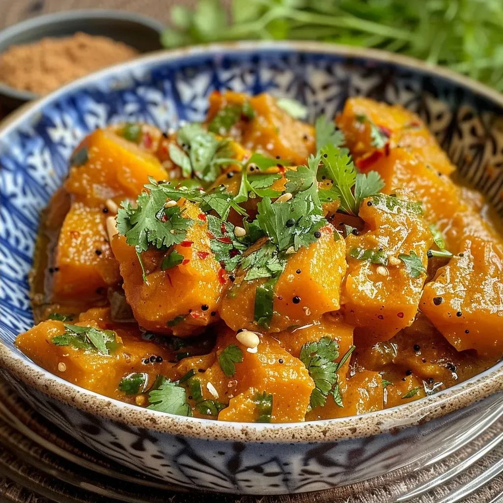 ['A vibrant bowl of Indian pumpkin curry with diced pumpkin and rich coconut sauce.', 'Close-up view of a creamy pumpkin curry showcasing spices and fresh cilantro garnish.', 'Side view of a serving of Indian pumpkin curry with visible chunks of pumpkin and herbs.', 'A delicious bowl of pumpkin curry, featuring a blend of spices and a glossy coconut milk base.']