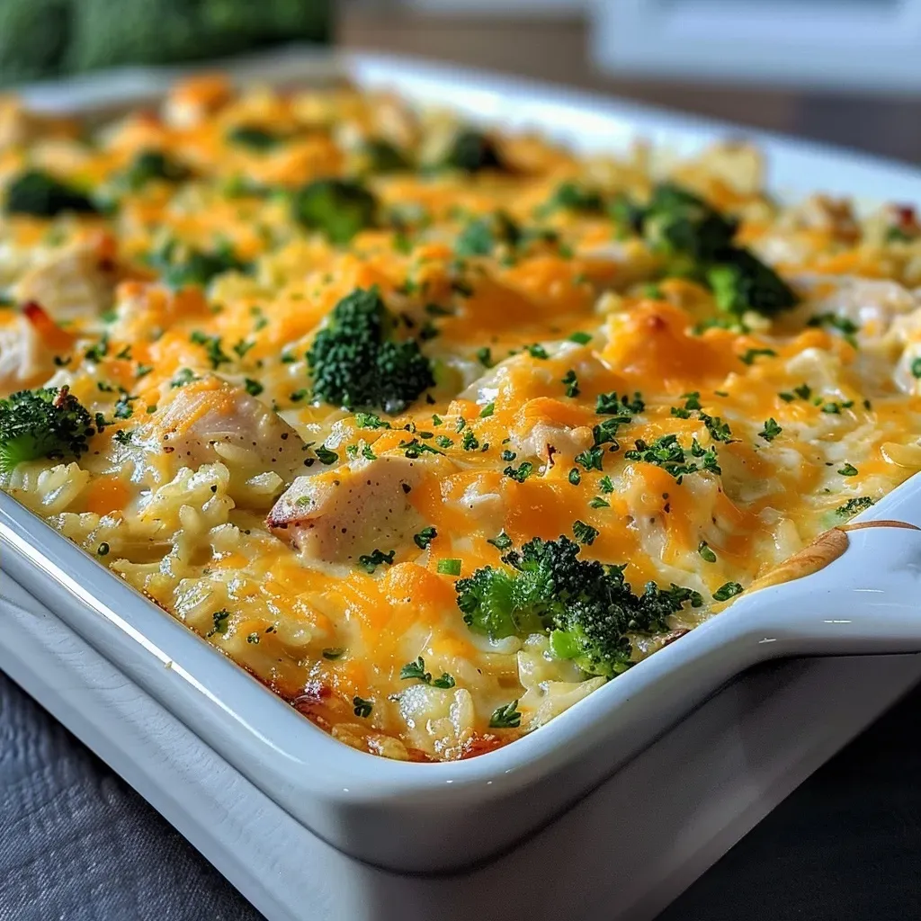 Close-up view of a cheesy broccoli, turkey, and rice casserole topped with crunchy cracker crumbs.