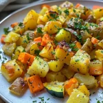 ['A close-up view of roasted potatoes, carrots, and zucchini, garnished with fresh parsley.', 'Juicy garlic herb roasted vegetables including potatoes, carrots, and zucchini in a side view.', 'A vibrant arrangement of garlic herb roasted potatoes, carrots, and zucchini on a plate.', 'An appetizing plate of roasted vegetables featuring diced potatoes, sliced carrots, and zucchini.']