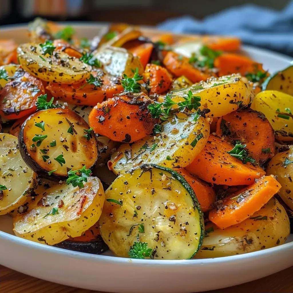 A close-up view of roasted potatoes, carrots, and zucchini, garnished with fresh parsley.