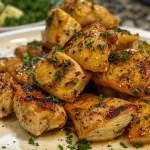 ['Close-up view of juicy garlic butter chicken bites, garnished with parsley.', 'Side view of succulent chicken pieces dripping with garlic butter sauce.', 'Deliciously cooked chicken bites in garlic butter, served on a white plate.', 'Tasty chicken bites in a savory garlic butter sauce, highlighting their texture.']