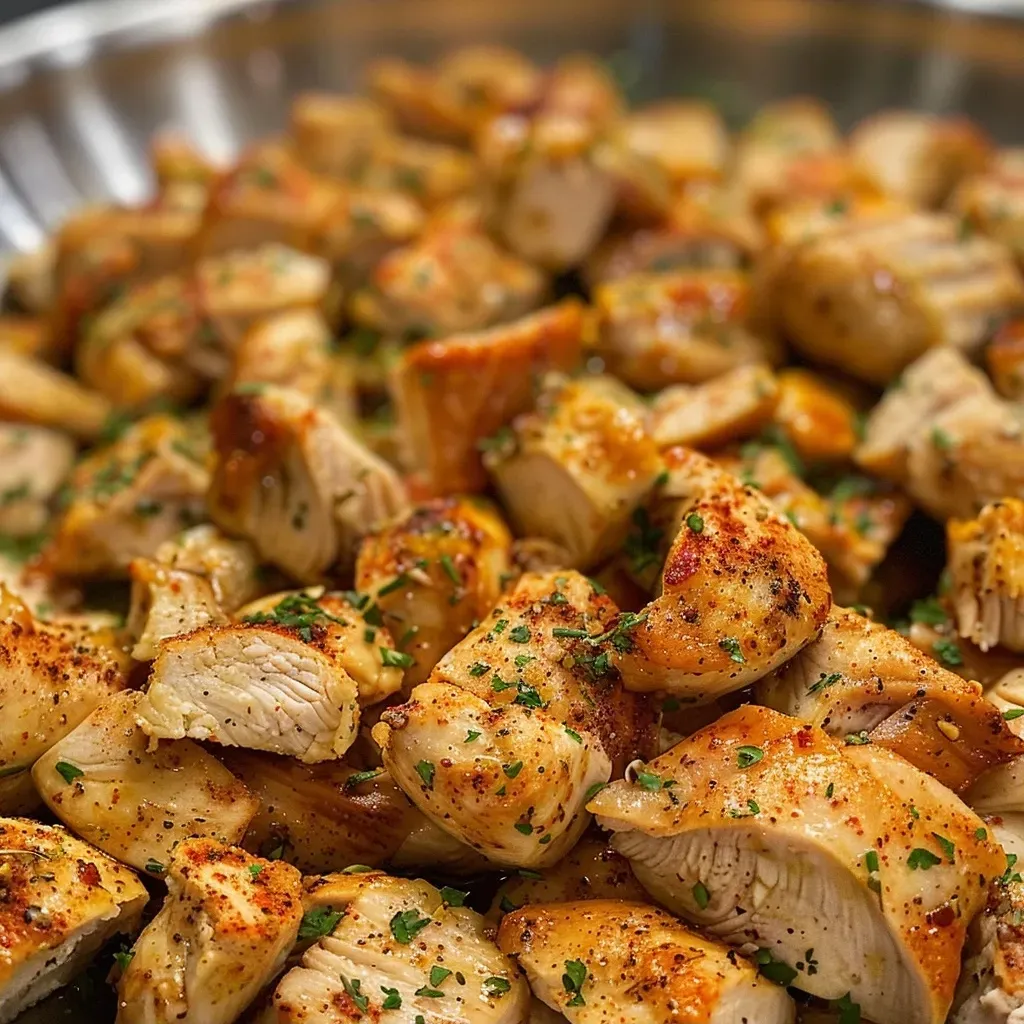 ['Close-up view of juicy garlic butter chicken bites, garnished with parsley.', 'Side view of succulent chicken pieces dripping with garlic butter sauce.', 'Deliciously cooked chicken bites in garlic butter, served on a white plate.', 'Tasty chicken bites in a savory garlic butter sauce, highlighting their texture.']