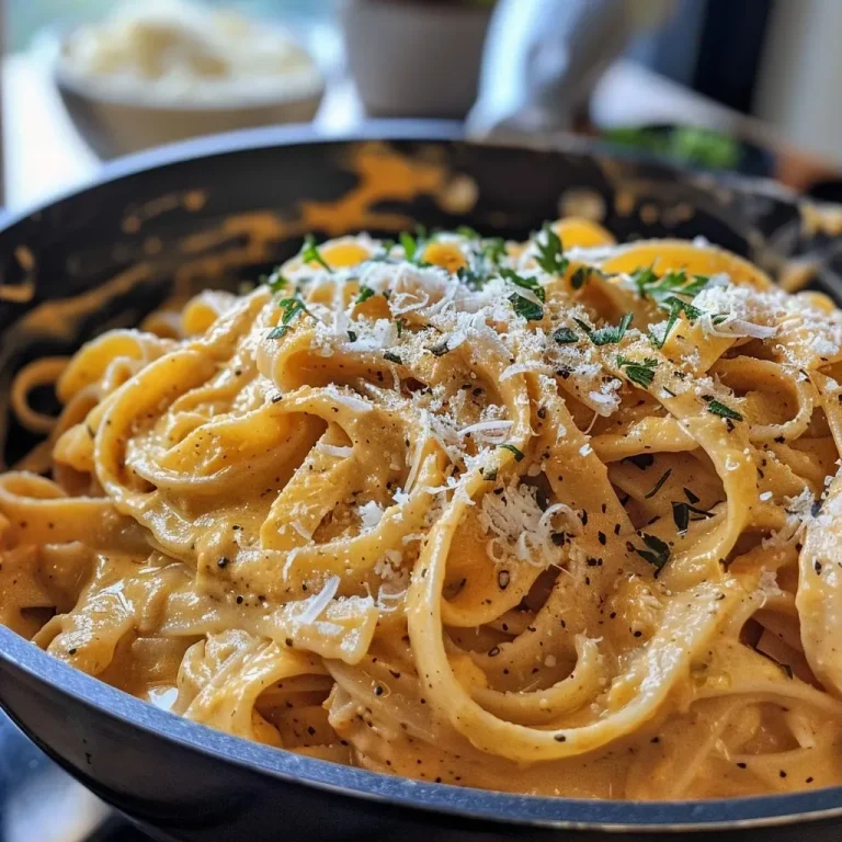 ['Close-up view of creamy pumpkin Alfredo with fettuccine.', 'Side view of a plate filled with rich pumpkin Alfredo pasta.', 'Delicious fettuccine coated in pumpkin Alfredo sauce and garnished.', 'Savory pumpkin Alfredo dish featuring fettuccine and parsley.']
