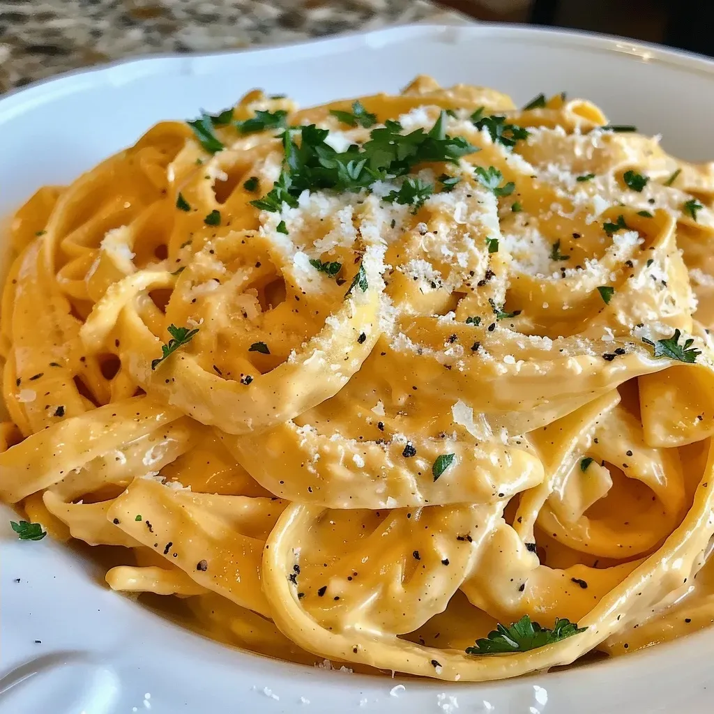 ['Close-up view of creamy pumpkin Alfredo with fettuccine.', 'Side view of a plate filled with rich pumpkin Alfredo pasta.', 'Delicious fettuccine coated in pumpkin Alfredo sauce and garnished.', 'Savory pumpkin Alfredo dish featuring fettuccine and parsley.']