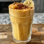['Close-up of a creamy pumpkin banana smoothie in a glass, with a spoon beside it.', 'Side view of a vibrant pumpkin banana smoothie topped with spices, served in a clear glass.', 'Thick pumpkin banana smoothie with a frothy texture, set against a wooden background.', 'Colorful pumpkin banana smoothie with visible banana chunks and spices, photographed in natural light.']